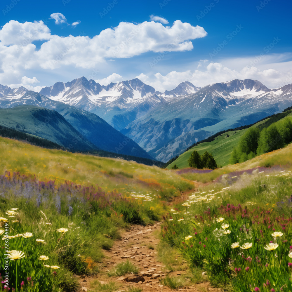 Nature landscape photo of spring wild flowers and trail with mountains in background with blue skies and clouds