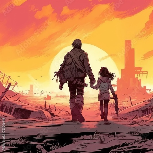 Apokalypse Kunst Man mit Kind Überleben Stadt Zerstörung Surreal Szene Illustration Science Fiction Poster Druck Wanddekor Digital Gemalt Einzigartig Fantasy