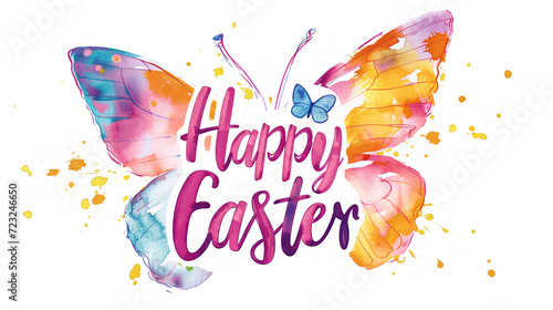 Happy Easter. Festive illustration with watercolor, abstract, floral butterfly and text. photo