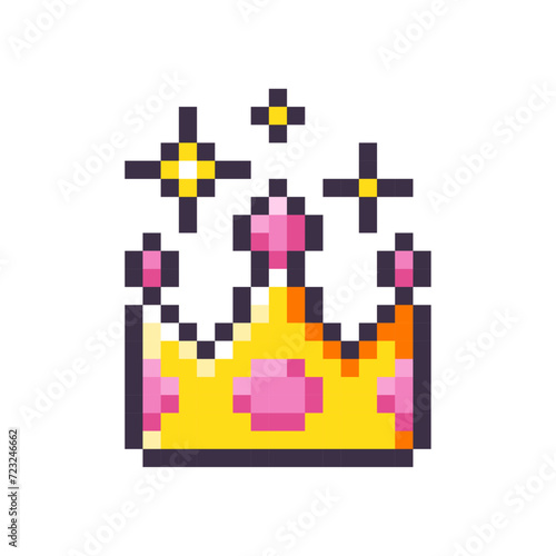 Golden crown with pink rubies isolated on white background. Medieval crown with diamonds icon. Game item. Vector pixel art illustration in 8-bit old style.