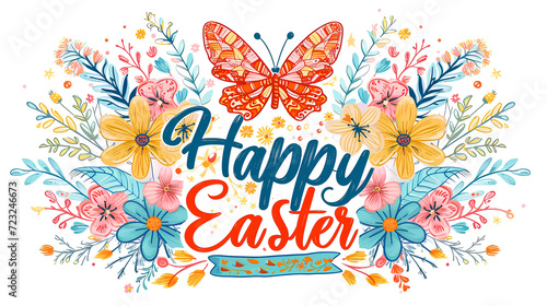 Happy Easter. Festive floral illustration with a butterfly and text.