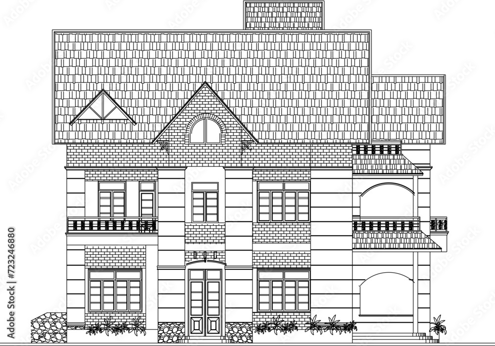 Vector sketch illustration design engineering architectural drawing view of simple Mediterranean ethnic house building