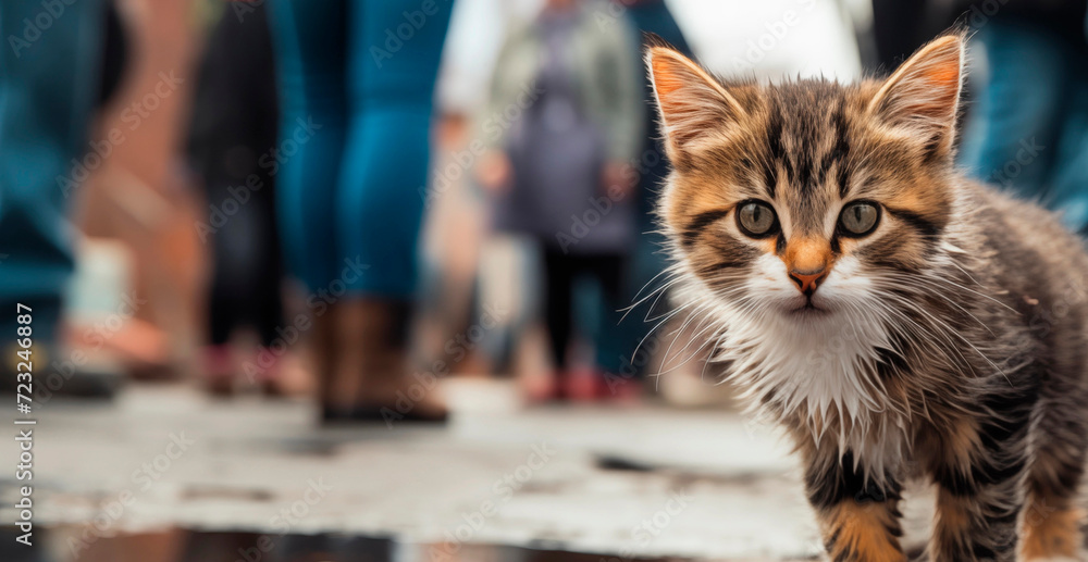 Homeless kitten on the street. Small kitten on a dirty street, close-up