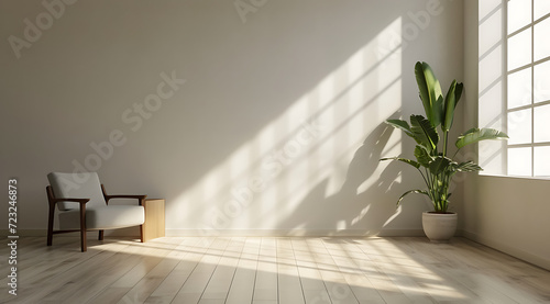 inside empty room with modern furniture and plant in  photo
