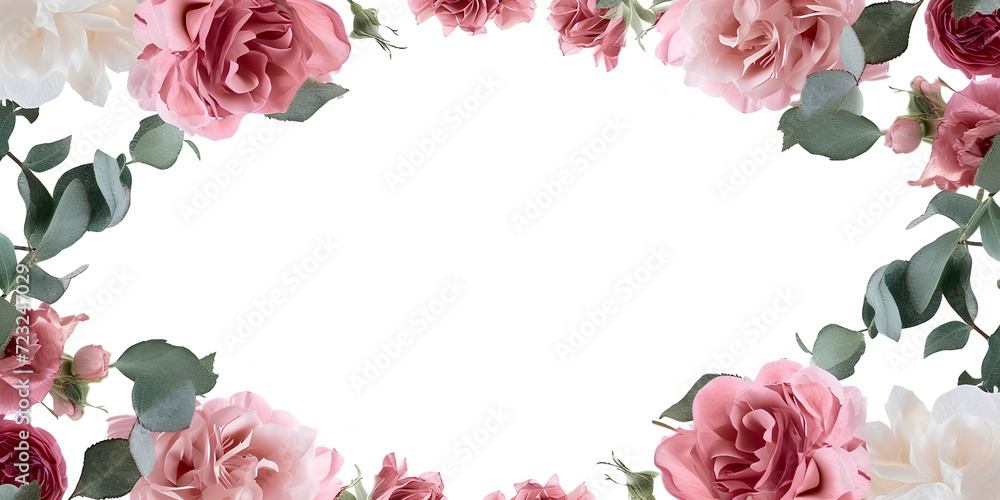 Floral spring frame of roses and leaves with a place for text, illustration.