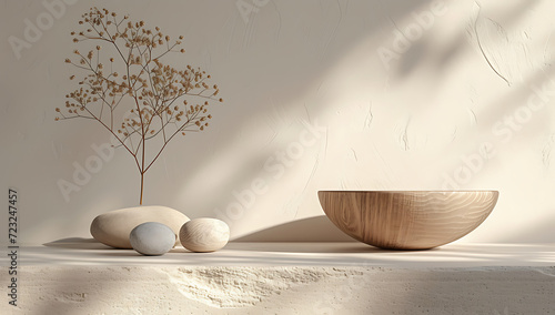 isolated stone and wooden bowl for home decor and int photo