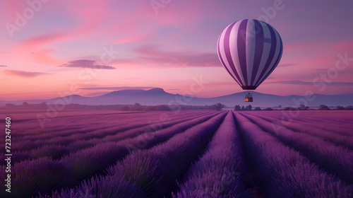 Sunset Serenity: Hot Air Balloon Over Lavender Fields