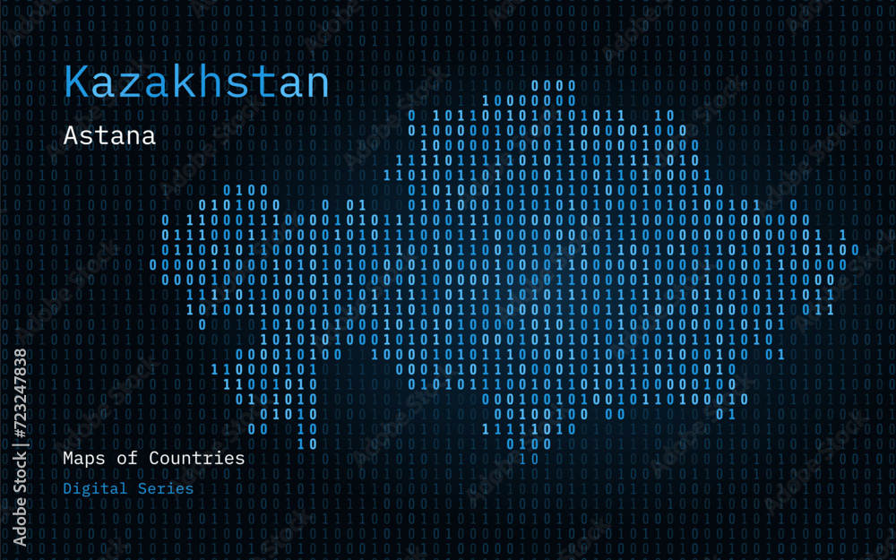Kazakhstan, Qazaqstan Map Shown in Binary Code Pattern. TSMC. Blue Matrix numbers, zero, one. World Countries Vector Maps. Digital Series