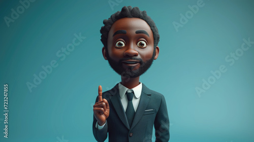 African young man, funny cartoon character businessman with dark skin wears suit, shows right direction with finger. business concept. isolated on blue background. photo