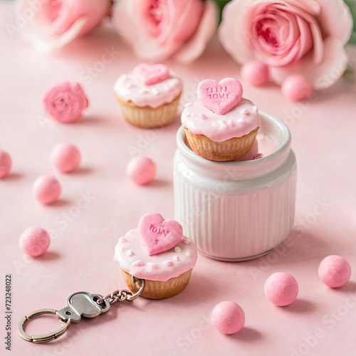 Romantic Valentine's Day Gift - Homemade Baked Treats and Customized Keychain on a Floral Background Gen AI photo