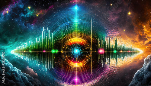  artistic interpretation of radio frequency waves as they travel through space  incorporating cosmic elements to convey their far-reaching and boundless nature.