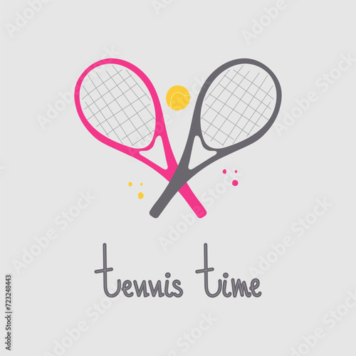 Tennis time.Lettering in hand style with two rackets and ball.Vector illustration.