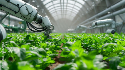 Future agriculture vegetable farm in greenhouse with smart robotic arms , Automation vegetable farm.