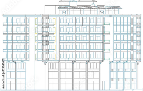 Vector sketch illustration of architectural design of multi-storey building hotel villa resort apartment rest area