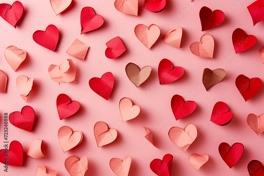 many red hearts are placed on pink background in
