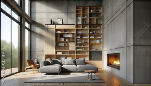 Interior of a minimalist living room with modern sectional sofa and built-in fireplace. Generative AI