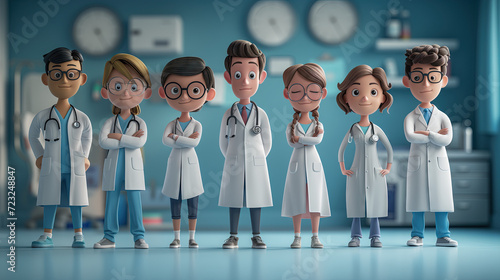 Cartoon doctors, international team of healthcare professionals isolated on blue background. Medical colleagues' hospital staff. photo