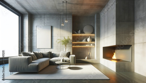 Interior of a minimalist living room with modern sectional sofa and built-in fireplace. Generative AI © Катерина Нагірна