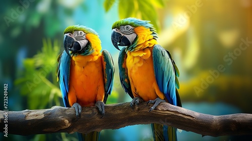 Blue and Gold Macaw or Ara Ararauna and Green Winged Macaw or Ara Chloroptera cute pets colorful birds