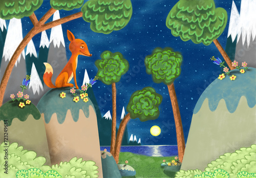 Süßer Fuchs auf einer Lichtung im Mondschein