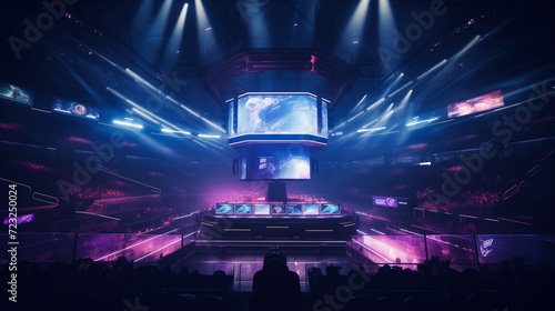 A modern venue with screens and neon lighting for international esports competitions. Youth sport of the future.