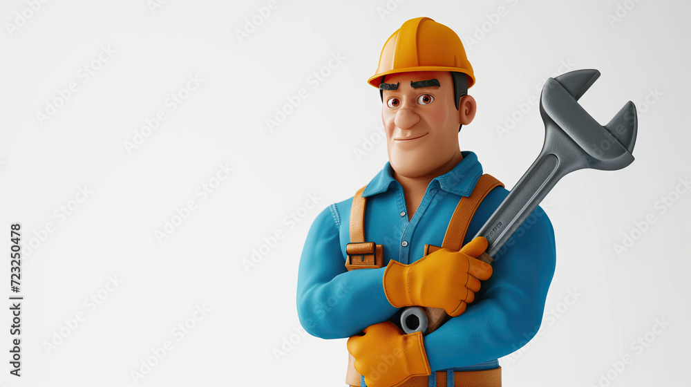 cartoon human holds spanner. Professional plumber or constructor with building tool. Repair or renovation service. isolated on white background.