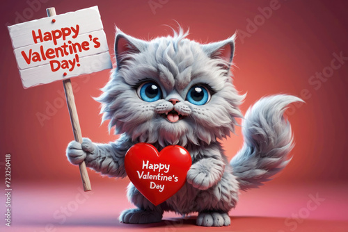 Persian cat holds heart with text Happy Valentines Day at red background in a joyful 3D cartoon. © JuLady_studio
