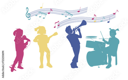 Multicolor silhouettes of Kids playing on different music instruments. Children orchestra and musical classes, decorative elements set, flat flat vector illustration isolated on white background.