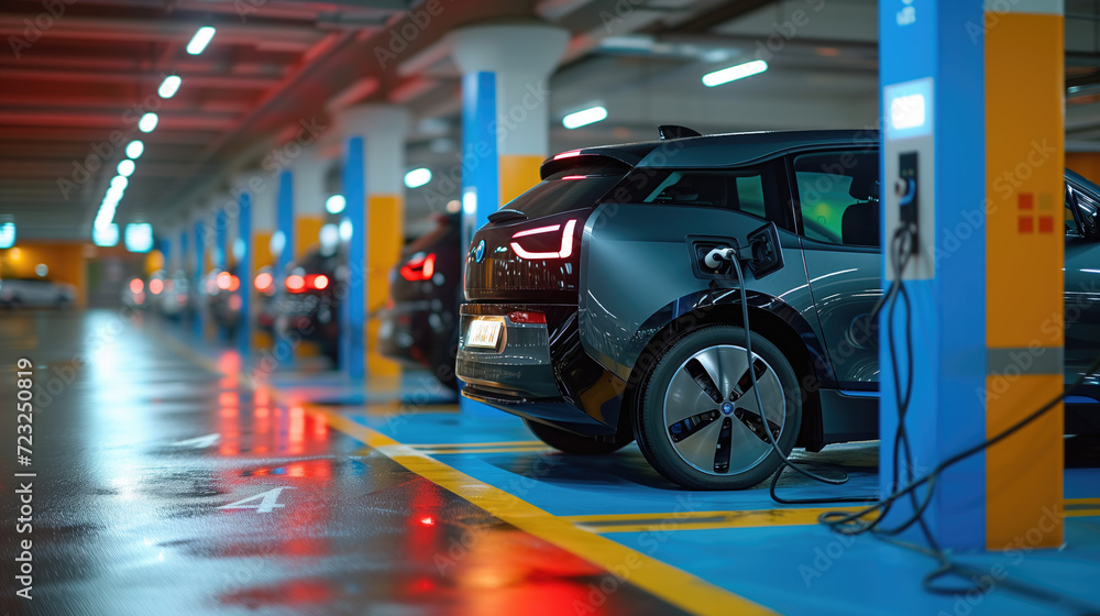 Electric car charging in station, nighttime in parking lot.
Electric car charging in station, nighttime in parking lot.