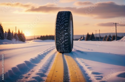 Winter tire covered in snow snowy road ice icy car wheel drive safety safe driving transportation condition change vehicle auto slippery danger frost protection climate dangerous offroad © master old