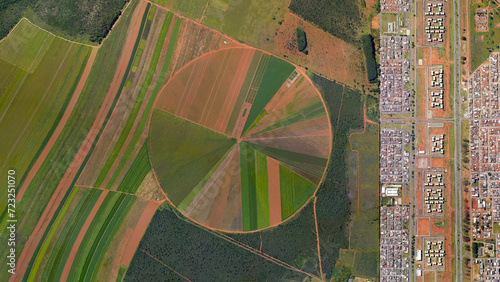 Food safety and population, circular fields and city border, looking down aerial view from above, bird’s eye view center pivot irrigation system and city side by side, Brazilya, Goias, Brazil photo