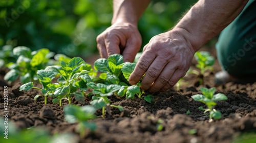Close-Up of Farmer's Hands Planting Young Seedlings in Fertile Soil.