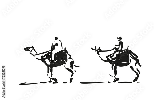 Two walking camels with riders, quick sloppy hand sketch in black ink style vector illustration, camel caravan sketch