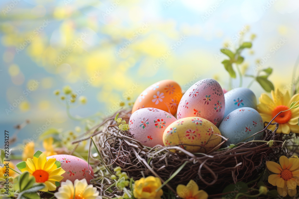 Decorated Easter eggs nestled among flowers with a soft-focus spring background. Decorated Easter eggs nestled among flowers with a soft-focus spring background.