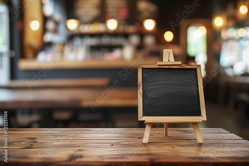 Blackboard with easel on wooden table at coffee shop mockup for online shopping promotion photo
