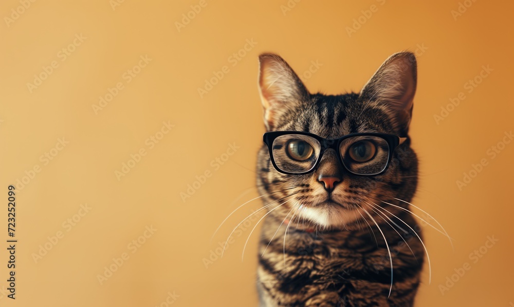 Beautiful striped cat with black glasses on beige background Beautiful striped cat with black glasses on beige background