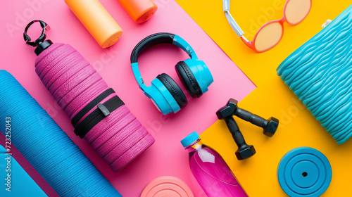 A flat lay of fitness gear including a yoga mat water bottle dumbbells and headphones on a bright colorful background.