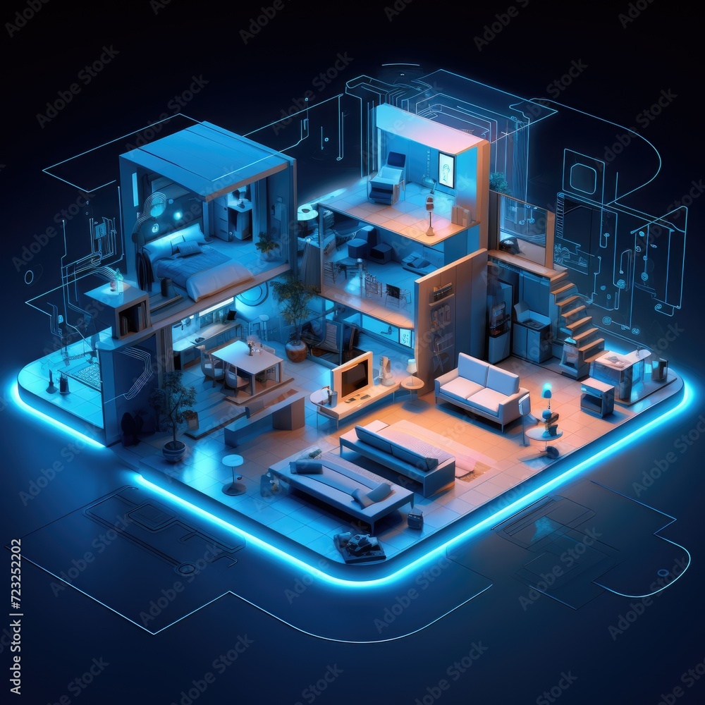 Smart home surveillance technology, security, electricity equipment control, IoT, modern safety lifestyle, AI generated, copy space for text Smart home surveillance technology, security, electricity equipment control, IoT, modern safety lifestyle, AI generated, copy space for text