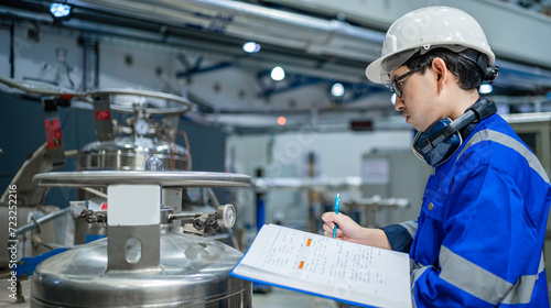 Asian engineer working at Operating hall,Thailand people wear helmet work,He worked with diligence and patience,she checked the valve regulator at the hydrogen tank.