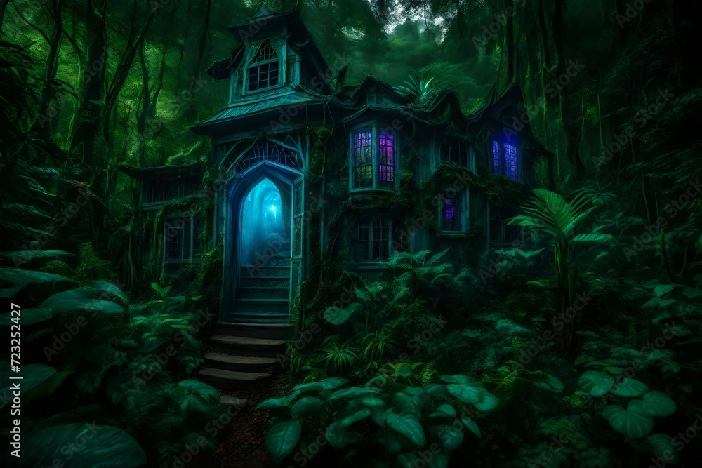 Obraz premium The haunted house, nestled within the foliage, emanates an ethereal energy