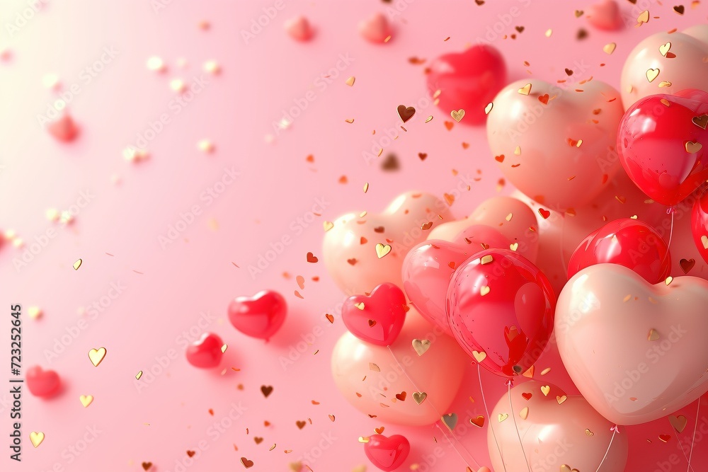 A romantic pink background featuring red and white heart-shaped balloons with golden confetti.