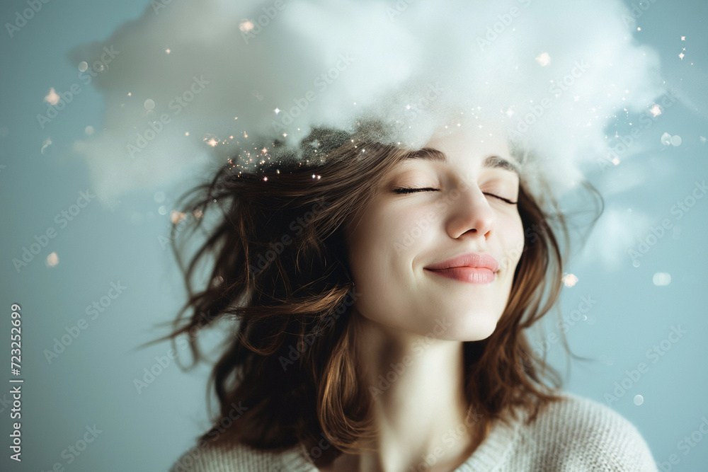 Happy woman with cloud above her head, stars and sparkles as a symbol of dreaming, happiness, joy. Positive thoughts, planning. Imagination and thinking, romantic dreamy mood. Mental health concept Happy woman with cloud above her head, stars and sparkles as a symbol of dreaming, happiness, joy. Positive thoughts, planning. Imagination and thinking, romantic dreamy mood. Mental health concept