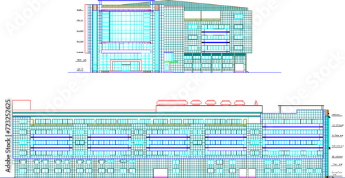 Vector sketch illustration of multi-storey mall hotel architectural design