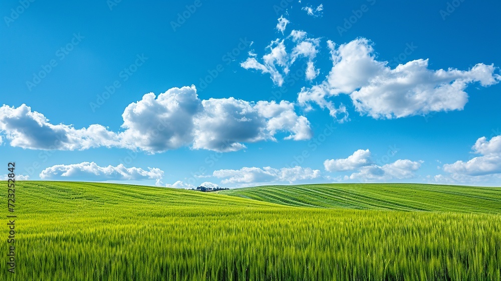 Obraz premium cinematic eye catching view green field and blue sky generated by ai