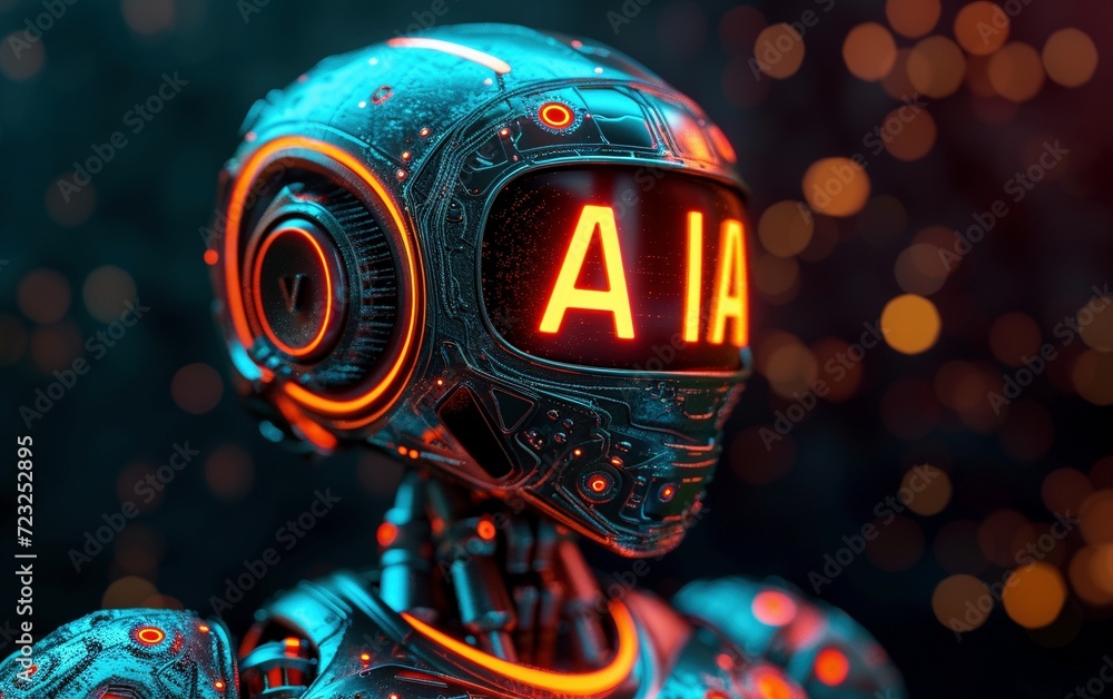 Futuristic Robot with Digital Eyes Displaying Letters AI
