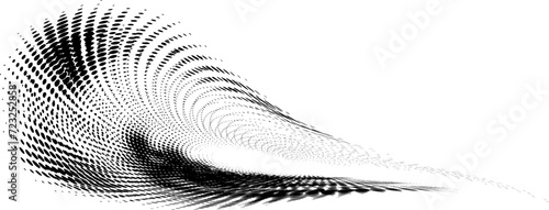 A glitchy halftone dotted donut with criss-crossed radials, flattened to the right. Space for copying text. For logos, trademarks, emblems. Vector. 