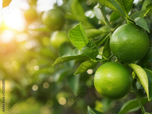 Green limes growing on a tree, bathed in sunlight.