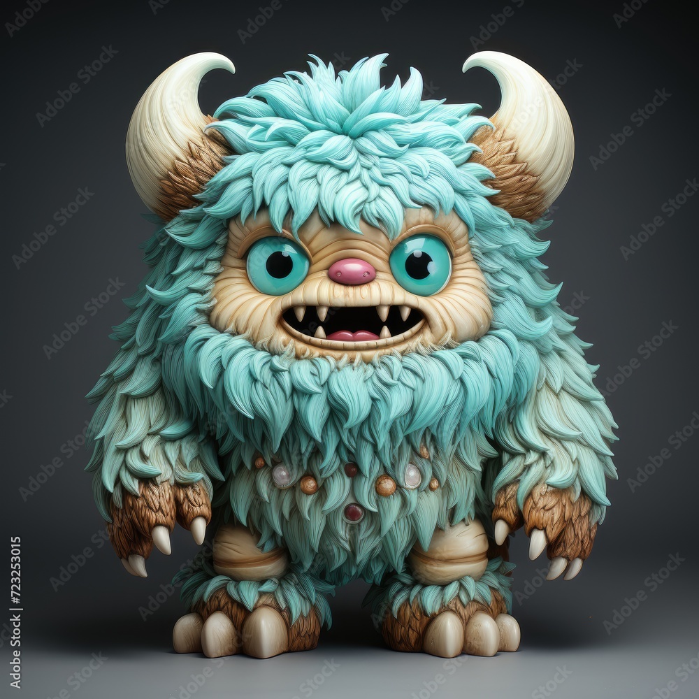 Fototapeta premium Cartoon funny monster 3d illustration for children. Cute fairytale monster print for clothes, stationery, books, merchandise. Toy monster 3D character banner, background. Cartoon character 3d monster.