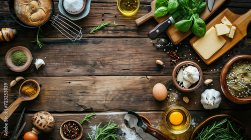 A flat lay of gourmet cooking ingredients and utensils on a rustic wooden table.