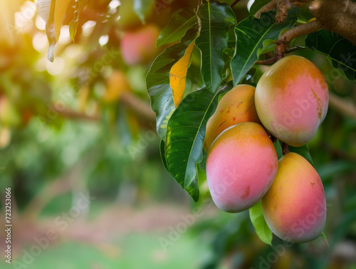 Ripe mangoes dangling on the tree, ready for the picking.